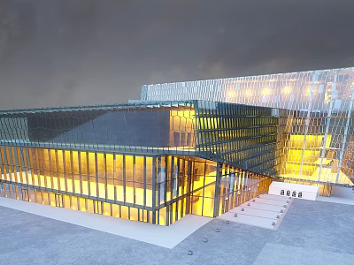 Modern Office Building With Glass Facade Illuminated Exterior And Geometric Design 3d model