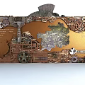 Vintage Railway Background Wall with Steam Locomotive Globe and Metallic Emblem