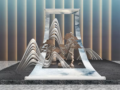 Modern Garden Ornament With Wave Shaped Structures And Pine Trees 3d model
