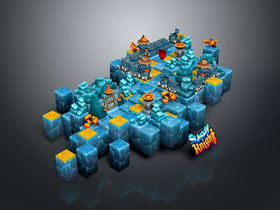 Fantasy Game Landscape Featuring Icy Blue Castle Structures And Orange Decorations 3d model