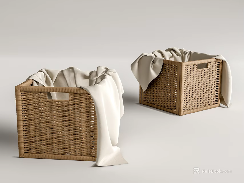 Two Wicker Storage Baskets with White Cloth Inside for Home Organization 3d model 