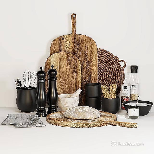 Essential Kitchen Utensils With Wooden Cutting Boards Pepper Mills Mortar Bread And Spice Bottles 3d model 