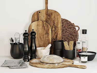 Essential Kitchen Utensils With Wooden Cutting Boards Pepper Mills Mortar Bread And Spice Bottles 3d model