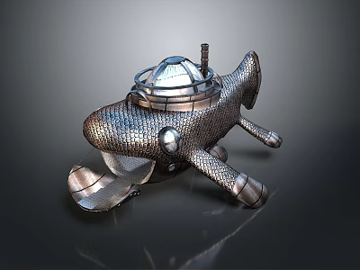 Metallic Vintage Submarine Model With Dome Window Shiny Surface And Propeller 3d model