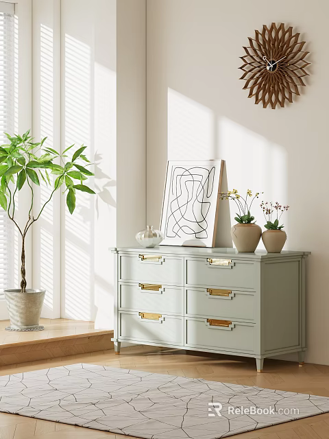 Light Green Console Cabinet with Golden Handles Abstract Art and Potted Plants in Sunlit Entryway 3d model 