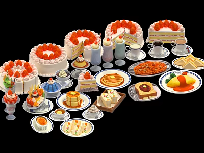 Assorted Delicious Food Collection With Cakes Desserts Drinks Pizza And Omelette 3d model