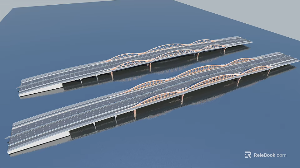 Modern Arched Twin Highway Bridges With Steel Structure Over Water Surface 3d model 