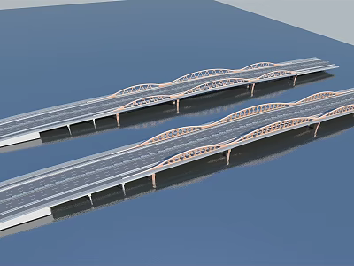 Modern Arched Twin Highway Bridges With Steel Structure Over Water Surface 3d model
