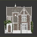 Cartoon Miniature House Scene With Brick Walls Grey Roof White Windows Green Vines And Steps