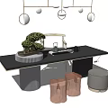 Modern Black Tea Table and Chairs with Bonsai Plant Tea Set and Hanging Lights