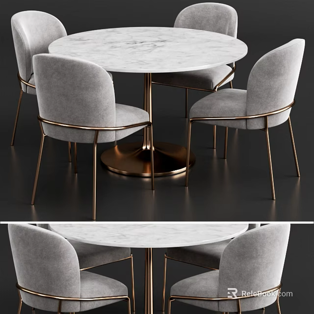 Elegant Modern Dining Table Set With Marble Top Gray Fabric Chairs And Brass Legs 3d model 