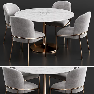 Elegant Modern Dining Table Set With Marble Top Gray Fabric Chairs And Brass Legs 3d model