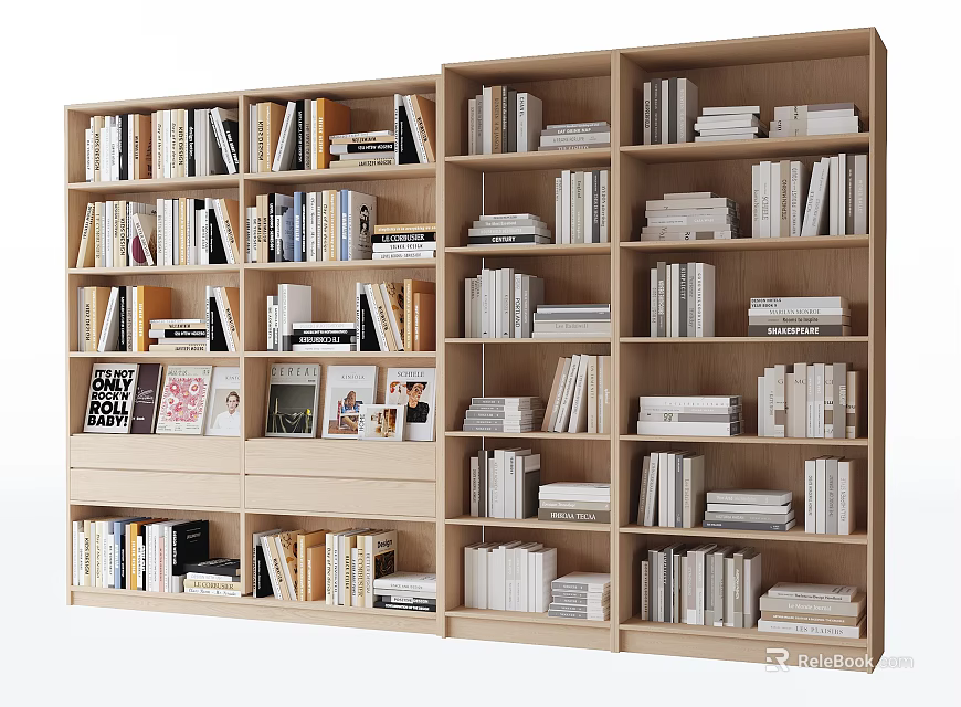 Wooden Multi Tiered Bookcase With Open Shelving Filled With Neatly Arranged Books 3d model 