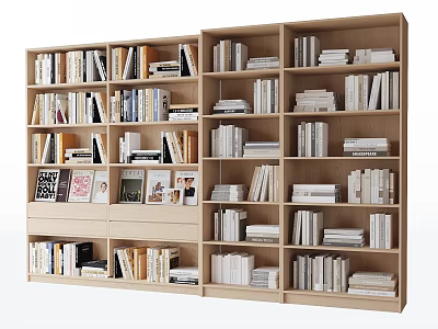 Wooden Multi Tiered Bookcase With Open Shelving Filled With Neatly Arranged Books 3d model