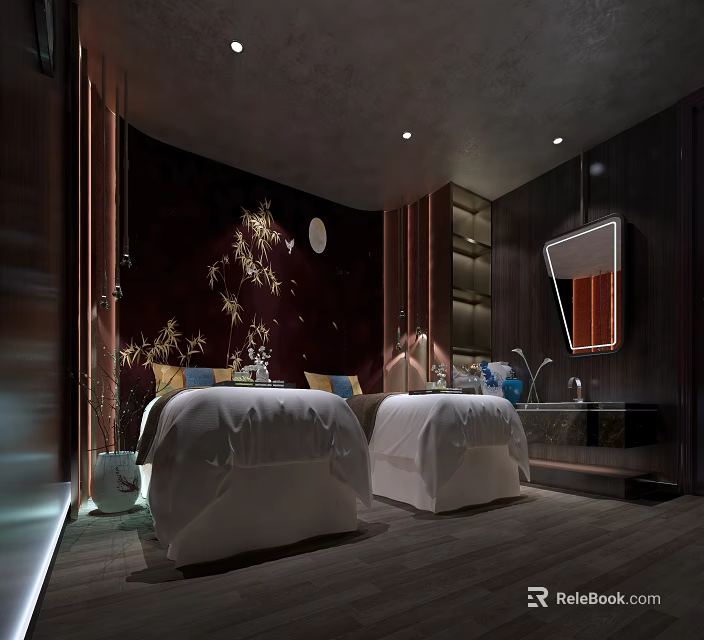 Luxury Spa Sauna Interior Design With Massage Beds Decorative Plants And Ambient Lighting 3d model 