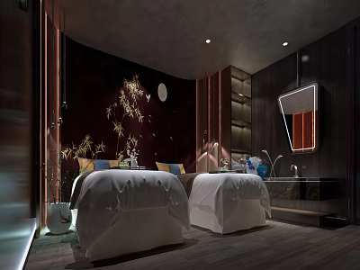 Luxury Spa Sauna Interior Design With Massage Beds Decorative Plants And Ambient Lighting 3d model