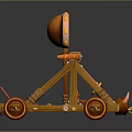3D Model Military Vehicle Featuring Orange Yellow Wooden Frame Red Wheels And Top Circular Structure