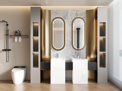 Modern Bathroom Interior With Double Marble Vanity And Oval Gold Accent Mirrors 3d model