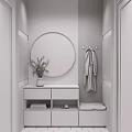Modern Shoe Cabinet Design With Round Mirror Wooden Wall Bench And Dried Plants