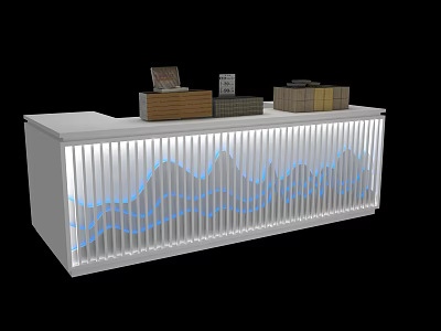 Modern White Reception Desk With Blue Wave Pattern And Decorative Boxes On Top 3d model