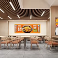Modern Restaurant Kitchen Interior With Open Dining Area Tables Chairs Menu Posters And Wooden Ceiling