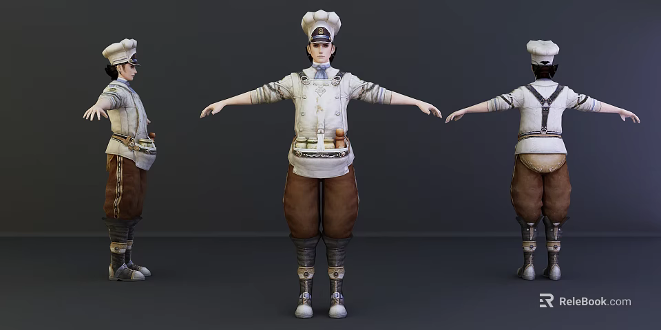 Game and Movie Character Three Angles View Chef Uniform with Apron and Boots 3d model 