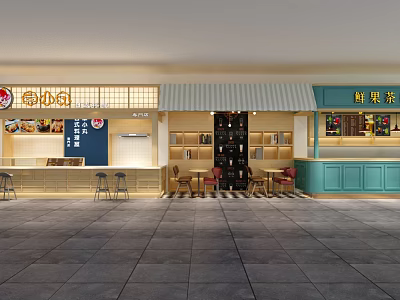 Modern Mall Boba Shop With Fresh Fruit Tea Wooden Tables And Bookshelves 3d model
