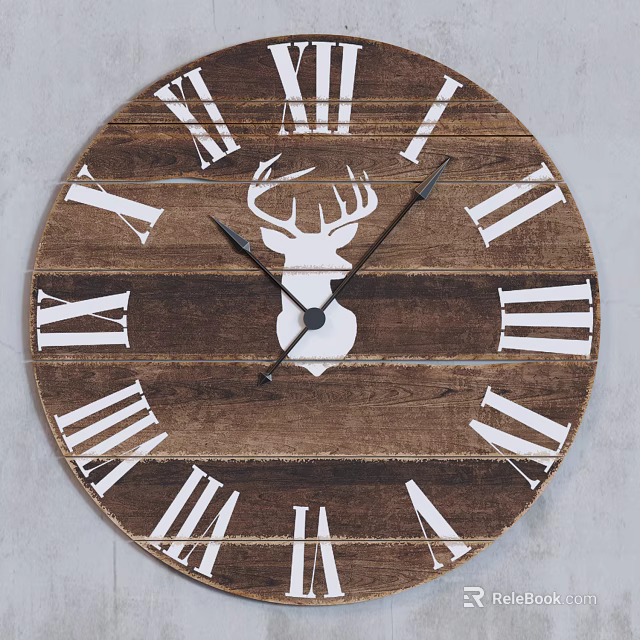 Rustic Wooden Clock With White Deer Head Silhouette and Roman Numerals for Home Wall Decoration 3d model 