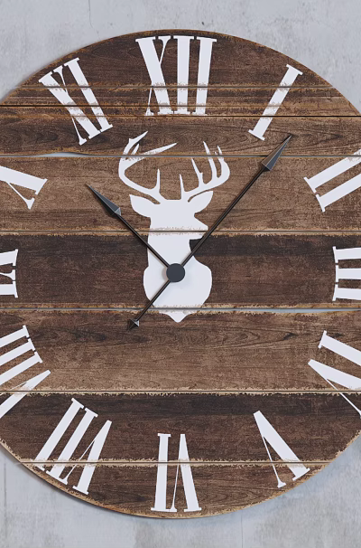 Rustic Wooden Clock With White Deer Head Silhouette and Roman Numerals for Home Wall Decoration 3d model