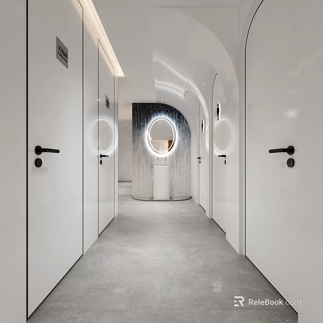 Hospital Outpatient Clinic Corridor With Arched Doors And Modern Lighting 3d model 