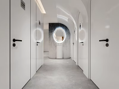 Hospital Outpatient Clinic Corridor With Arched Doors And Modern Lighting 3d model