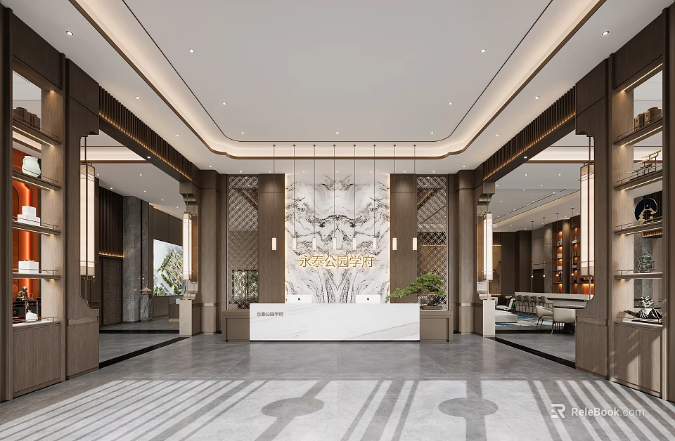 Elegant Modern Sales Office Interior Design With Reception Desk Decorative Wall Ceiling Lights And Plants 3d model 