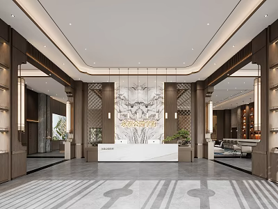 Elegant Modern Sales Office Interior Design With Reception Desk Decorative Wall Ceiling Lights And Plants 3d model
