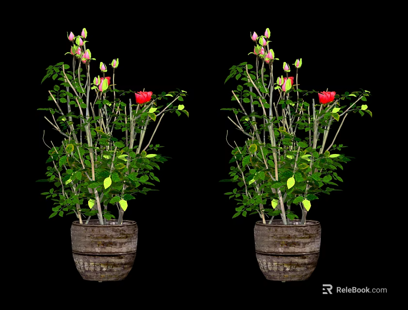 Bonsai Potted Plant with Green Leaves Pink and Red Flowers in Wooden Barrel Planter 3d model 