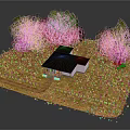 Cartoon Scene With Small House Green Trees Yellow Grass And Wooden Fence