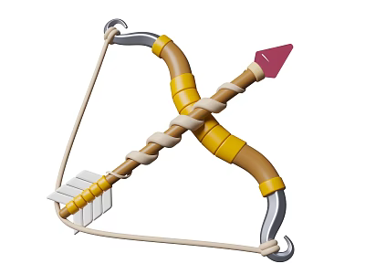 Colorful Bow and Arrow Weapon with Yellow Brown Body Silver Parts and Pink Arrowhead 3d model