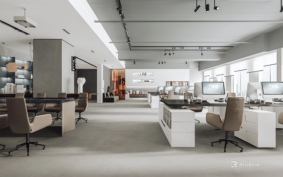 Modern Public Office Space Interior With Open Layout Desks Chairs And Natural Light 3d model 