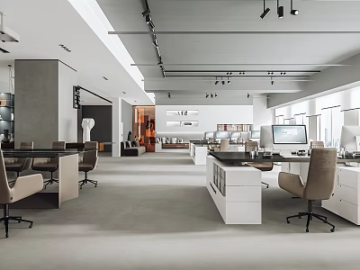 Modern Public Office Space Interior With Open Layout Desks Chairs And Natural Light 3d model