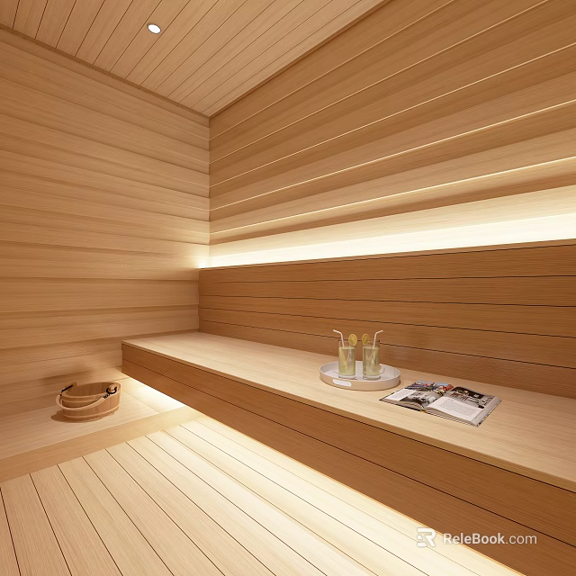Modern SPA Sauna Interior Design With Wooden Panels Benches And Soft Lighting 3d model 