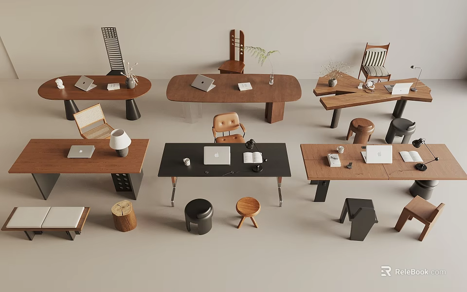 Modern Home Office Interior With Various Desks Different Chairs And Table Items 3d model 