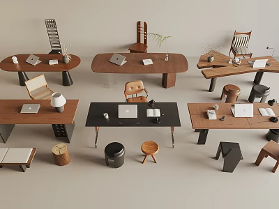 Modern Home Office Interior With Various Desks Different Chairs And Table Items 3d model