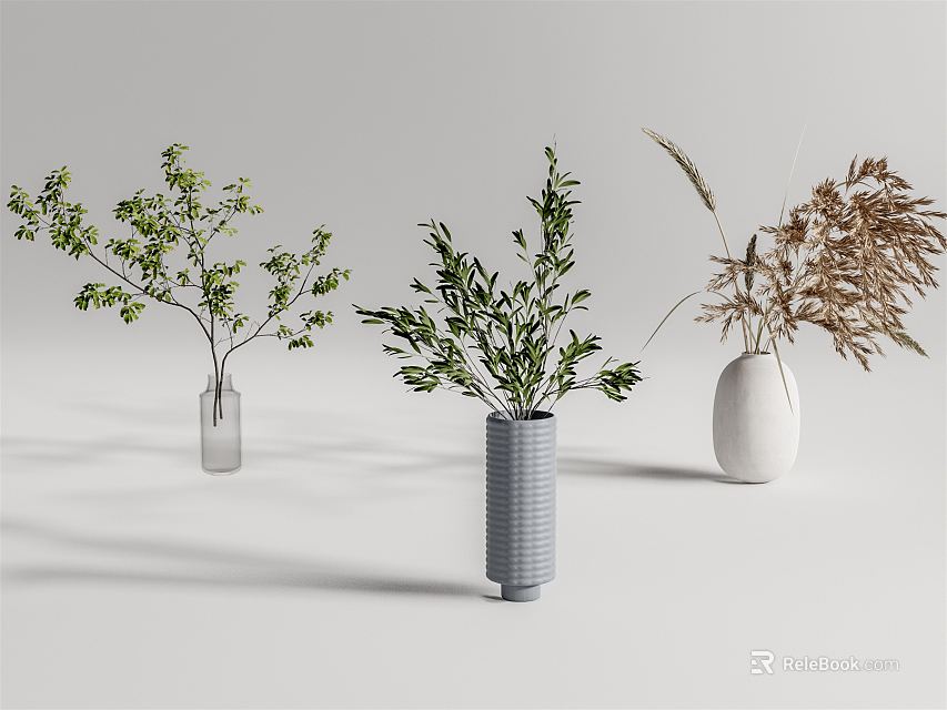 Three Different Vases With Green Branches Lush Plants And Brown Dried Grass For Home Decor 3d model 