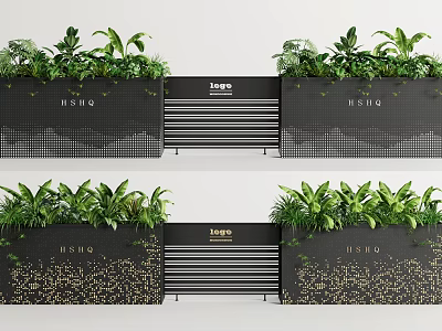 Modern Black Textured Flower Planters With Green Plants And Decorative Logos 3d model
