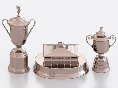 Metallic Trophies and Medal with Handles and Building Design on White Background 3d model
