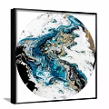 Circular Abstract Painting With Blue Gold White Black Fluid Swirled Patterns In Black Frame