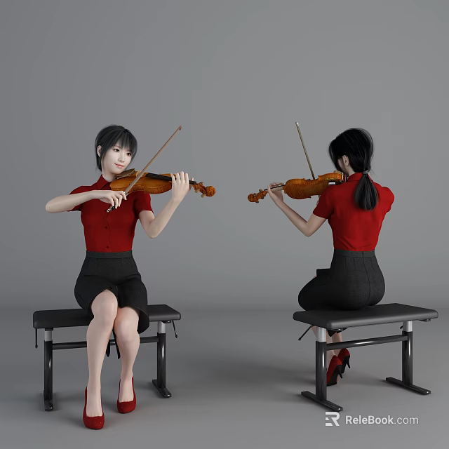 Two Women Playing Violin In Red Tops And Black Skirts On Benches 3d model 