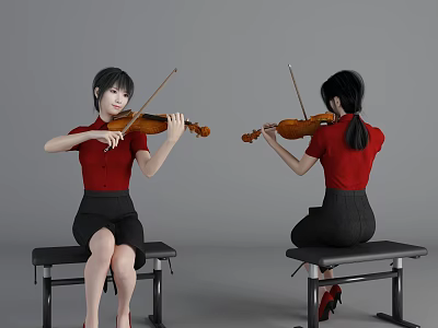 Two Women Playing Violin In Red Tops And Black Skirts On Benches 3d model