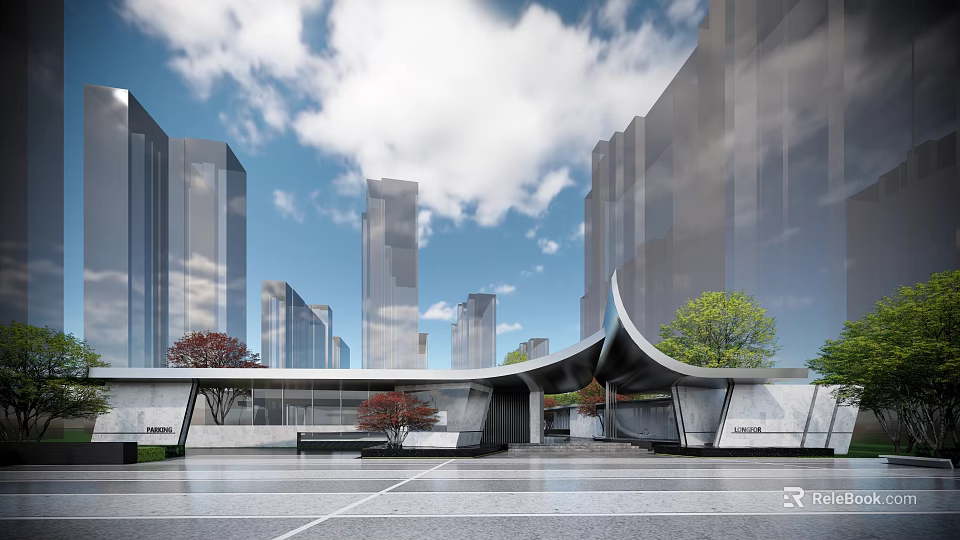 Contemporary Building Exterior With Glass Facade Curved Design Urban Trees And Open Plaza 3d model 