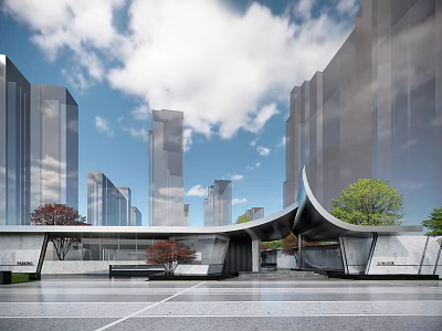 Contemporary Building Exterior With Glass Facade Curved Design Urban Trees And Open Plaza 3d model
