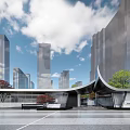 Contemporary Building Exterior With Glass Facade Curved Design Urban Trees And Open Plaza